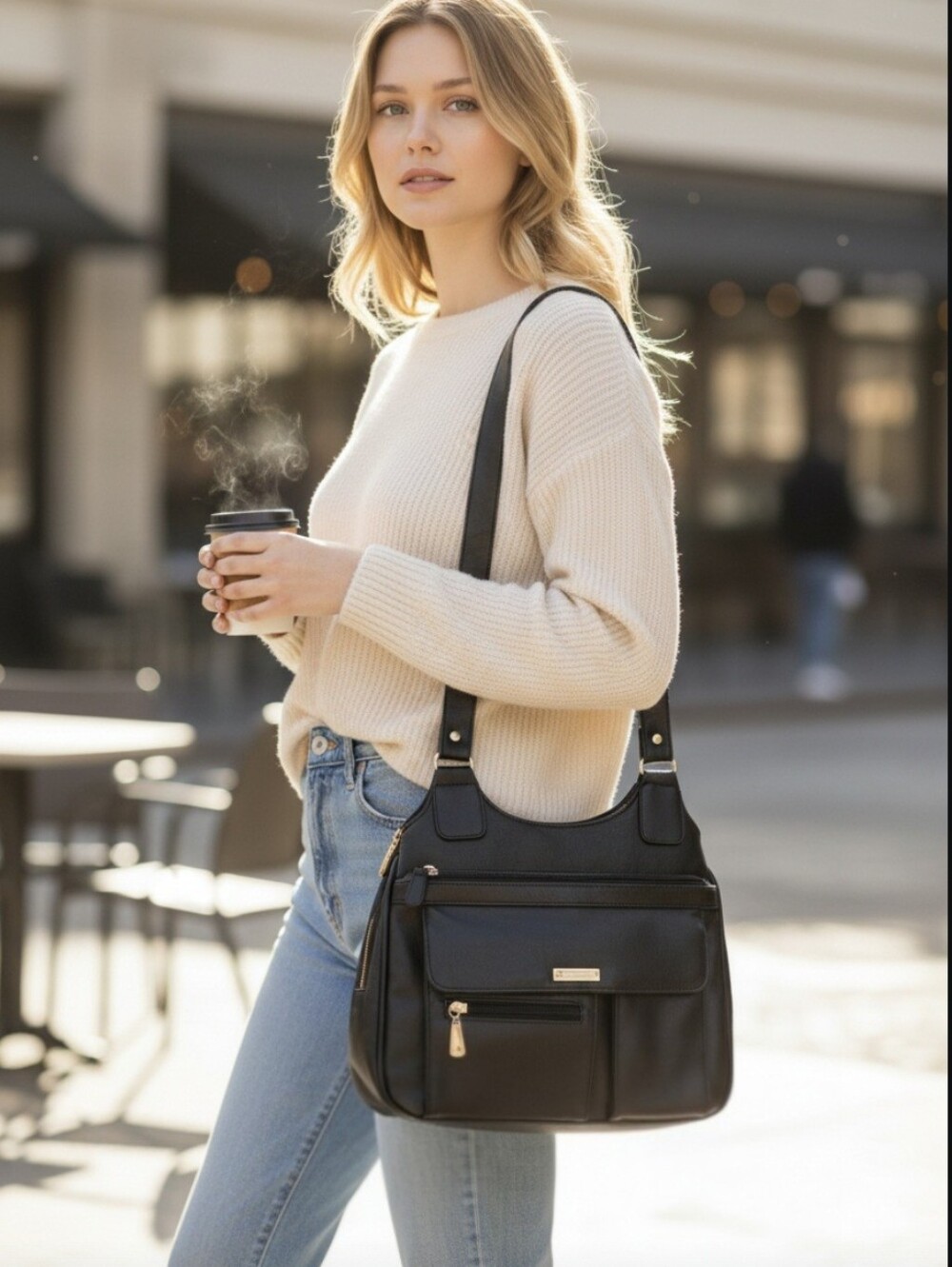 S Collection Vintage Black Leather Shoulder Bag Multi-Pocket Organizer Purse